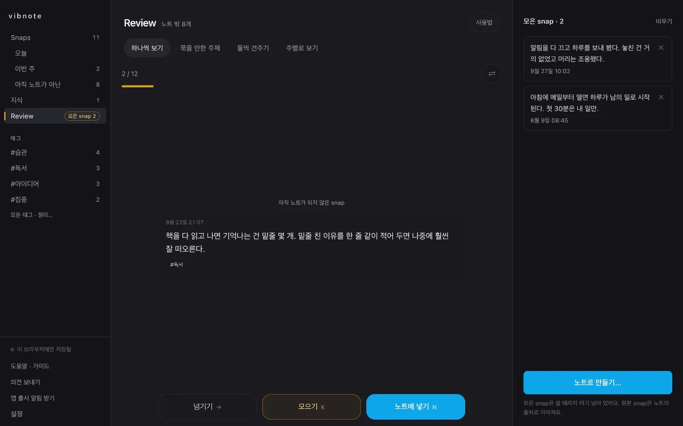 Review 화면: 노트에 아직 안 들어간 snap을 한 장씩 보며 넘기기, 모으기, 노트에 넣기를 고르고, 오른쪽에 모은 snap이 쌓인다